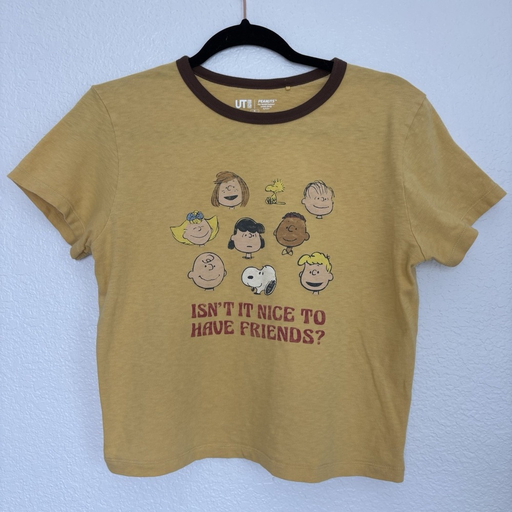 Uniqlo UT Peanuts Snoopy Ringer Graphic T Shirt Mustard Brown Womens Medium